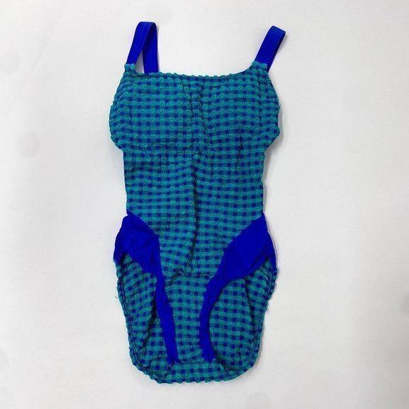 Early 90s Jantzen Teal and Blue poly/nylon Gingham Size 10 Made in the USA